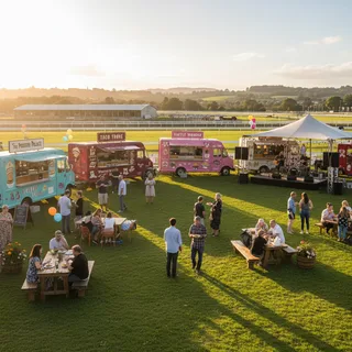 Gourmet in the Gardens food truck festival in Cambridge, featuring diverse street food stalls and a lively atmosphere.