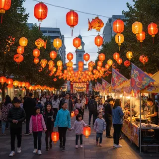 Lanterns illuminate a park at night during a festival, with people milling about.