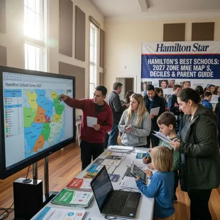 Photorealistic image representing Hamilton schools with zone maps and parent guide data.