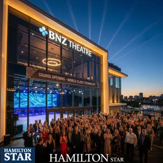 Interior of the new BNZ Theatre in Hamilton showcasing its modern stage and seating, illuminated for a performance.