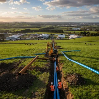 Upgraded water pipes laid underground at Mystery Creek, preparing for the National Fieldays event.
