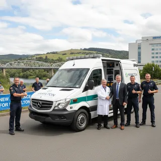 A modern ambulance, resembling a hospital on wheels, is parked outside a medical facility, ready for service.