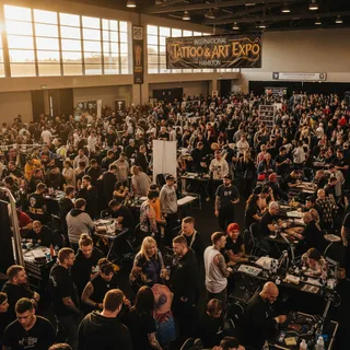 Tattooed attendees and artists mingle inside a crowded, well-lit convention center hall.