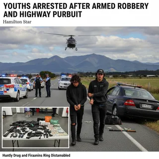 Police cars in pursuit on a highway during daylight hours, with two youths being apprehended.