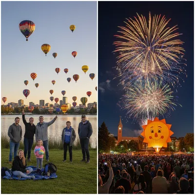 Balloons with colorful canopies ascend from Hamilton Lake at sunrise, with fiery Nightglow fireworks launching into the night sky later.