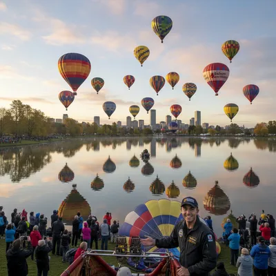 Balloons of various shapes and colors floating over Hamilton Lake during a dawn flight.