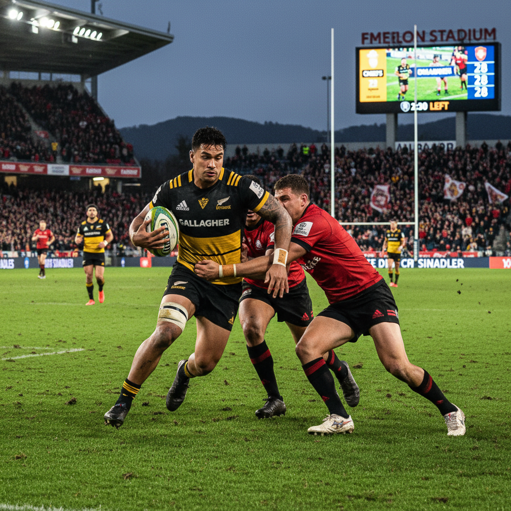New Zealand rugby players in red and black jerseys clash on a green grass field in a stadium.
