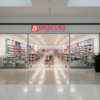 The brightly lit, wide entrance to the Briscoes homeware store located inside The Base shopping centre in Te Rapa, Hamilton.