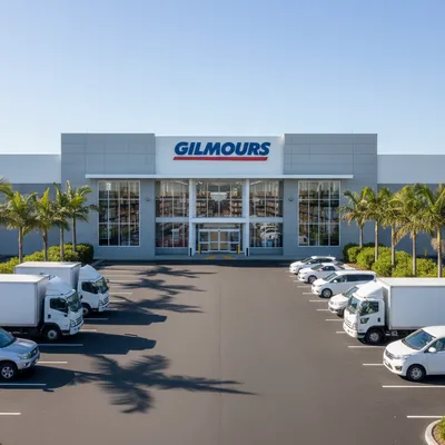 The large, modern storefront of the Gilmours Hamilton wholesale food warehouse in Te Rapa Park, showing the main entrance and customer car park.