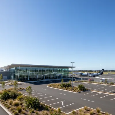 The modern, single-storey terminal building of Hamilton Airport in the Waikato region of New Zealand, viewed from the car park on a sunny day.