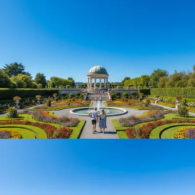 A view of the stunning Italian Renaissance Garden at Hamilton Gardens, showing symmetrical designs, a water feature, and a grand pavilion.
