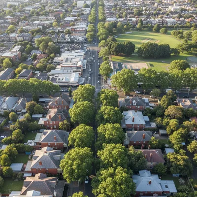 A sunny streetscape in Hamilton, a historic inner-city suburb of Newcastle, showing well-preserved heritage houses behind leafy green trees.