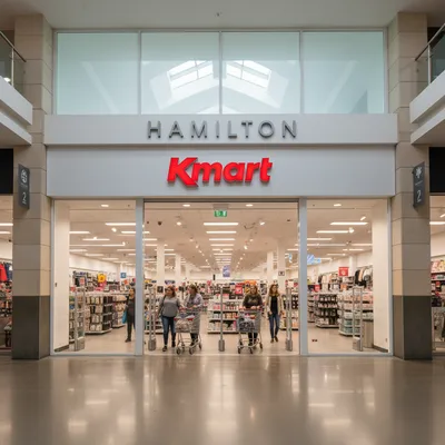 The brightly lit storefront of the Kmart department store in Hamilton Central Shopping Centre, with the iconic red logo and shoppers at the entrance.