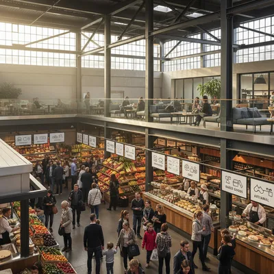 The bustling interior of the Made Hamilton market in Hamilton East, showing visitors exploring the various artisan food stalls and shops across its multiple levels.