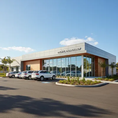 The modern exterior of a Pacific Radiology diagnostic imaging clinic in Hamilton, with clear signage and an accessible entrance for patients.