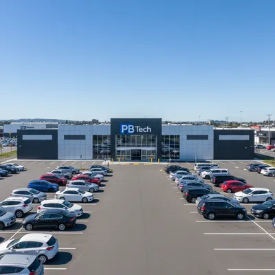 The storefront of the large PB Tech electronics store in Te Rapa, Hamilton, showing the main entrance and signage on a clear day.