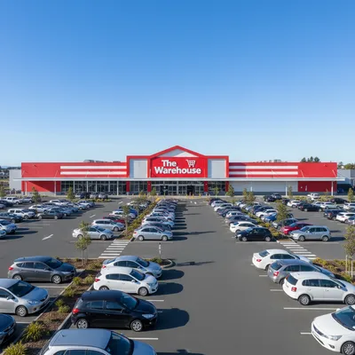 The expansive red and white storefront of The Warehouse department store on Ward Street in Hamilton Central, with customer cars parked in the foreground under a clear sky.