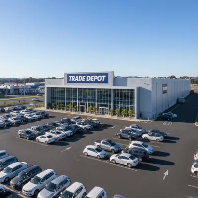 The large, modern storefront of the Trade Depot superstore in Rukuhia, Hamilton, with its prominent signage and a spacious customer car park in the foreground.