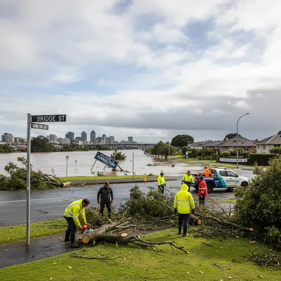 Storm-damaged Hamilton street with clean-up efforts underway as Cyclone Vaianu moves away offshore.