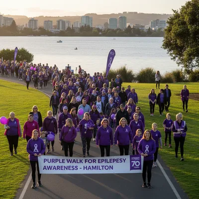 A photorealistic regional news photograph showing people walking around a lake dressed in purple for epilepsy awareness.