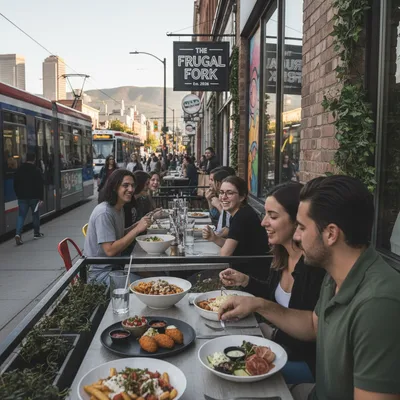 Photorealistic Hamilton restaurant interior with diverse diners enjoying meals in natural light.