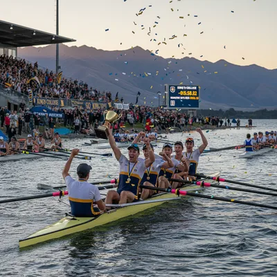 A King's College rowing crew competes in a dynamic action shot at Lake Ruataniwha.