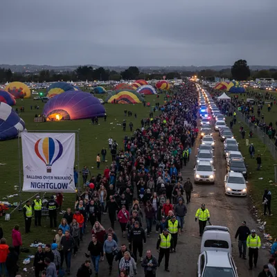 Balloons Over Waikato event ground with disappointed crowds in the background and empty fields.