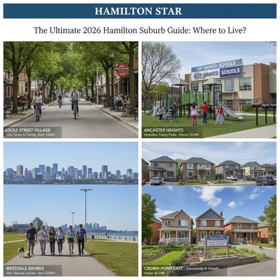 Hamilton cityscape with diverse suburbs, highlighting housing and amenities for a 2026 guide.