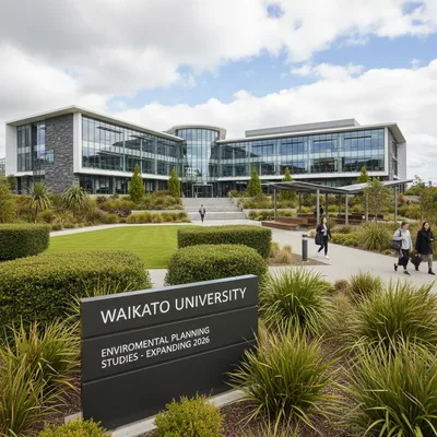 Modern University of Waikato building exterior with landscaped grounds, Hamilton Star region.