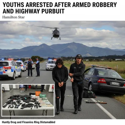 Police cars in pursuit on a highway during daylight hours, with two youths being apprehended.