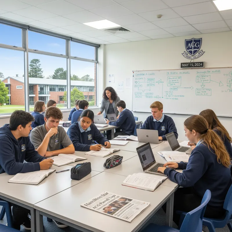 Students collaborating on exam materials in a Cambridge or IB preparation class at an Auckland school.