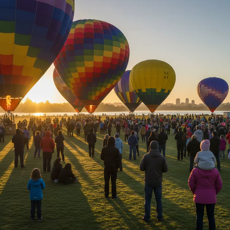 Hamilton Lake’s Innes Common crowded with people watching hot air balloons inflate at sunrise.