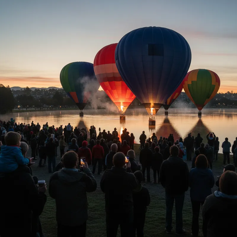 Balloons with vibrant colors glowing at sunrise over Hamilton Lake as they prepare for launch.