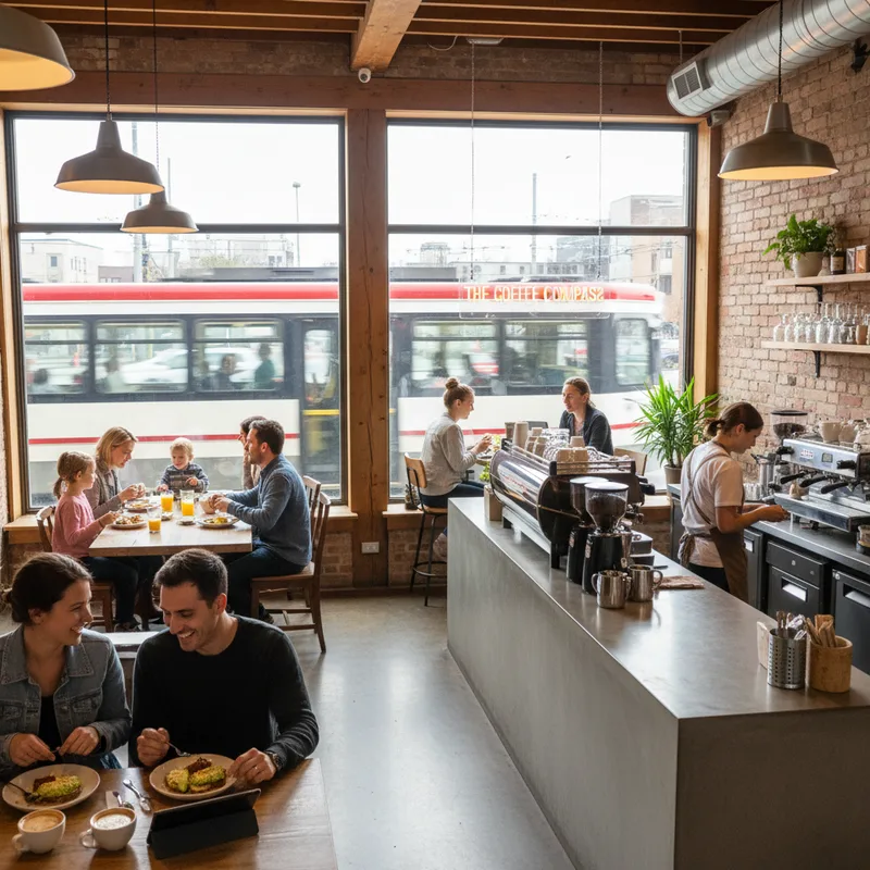 Coffee cups and pastries on a table in a bright, modern Hamilton cafe, ready for a brunch gathering.