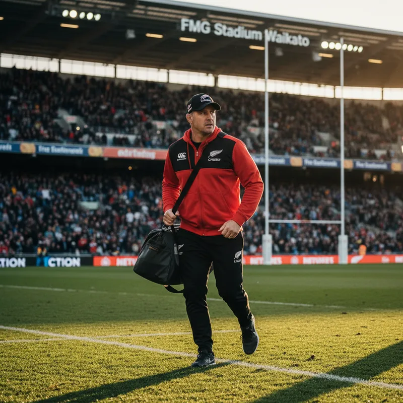 Rugby coach Roger Randle in motion on a rugby field during a game.