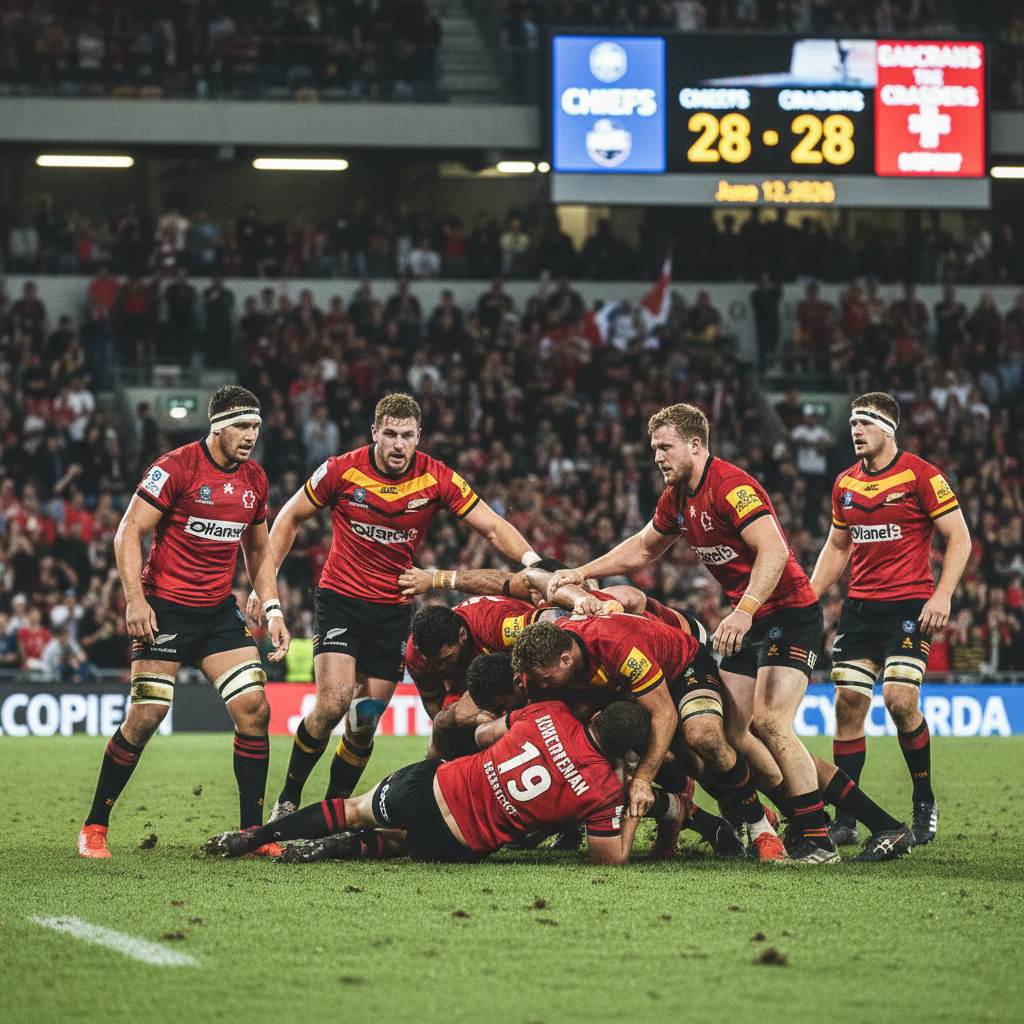 Rugby players in team colors in dynamic action on a floodlit stadium field during a Super Rugby playoff game.