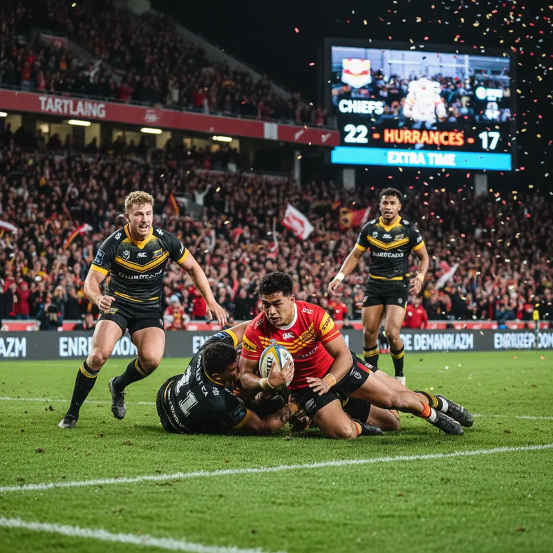 Wallace Sititi scores the winning try in a rugby match between the Chiefs and Hurricanes in Hamilton.