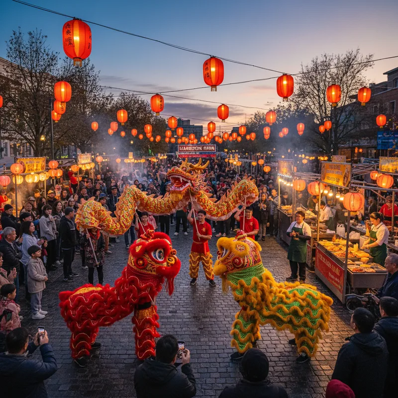 Crowds watching a dragon and lion dance in Garden Place at dusk with food stalls in the background. — Hamilton Star