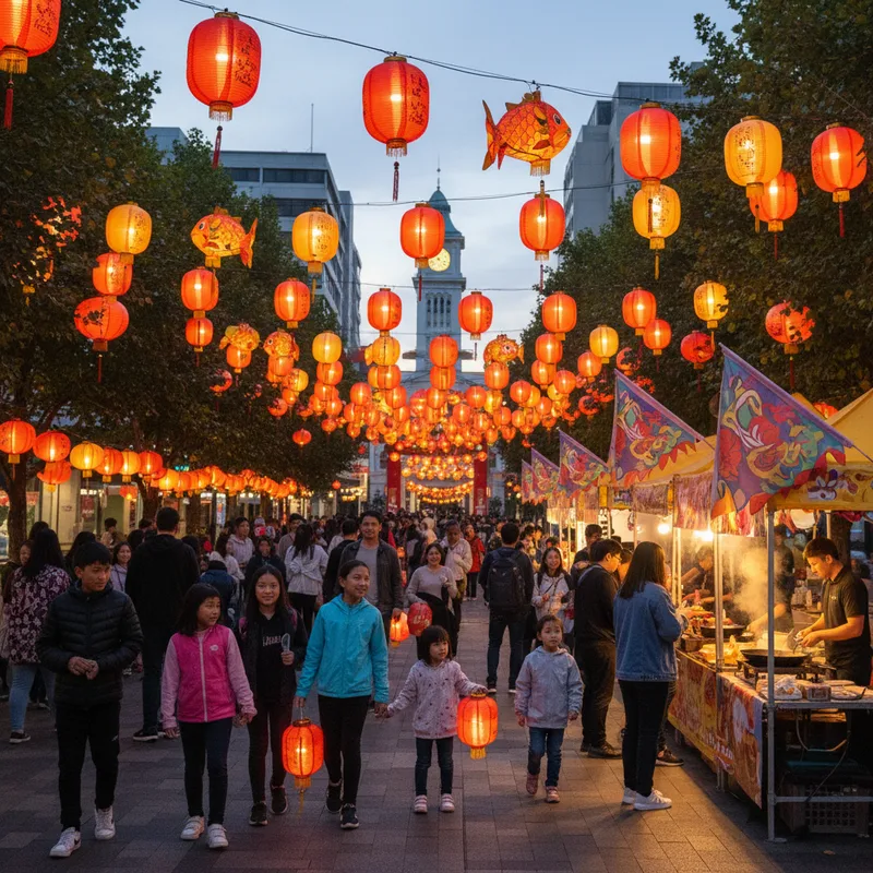 Lanterns illuminate a park at night during a festival, with people milling about.