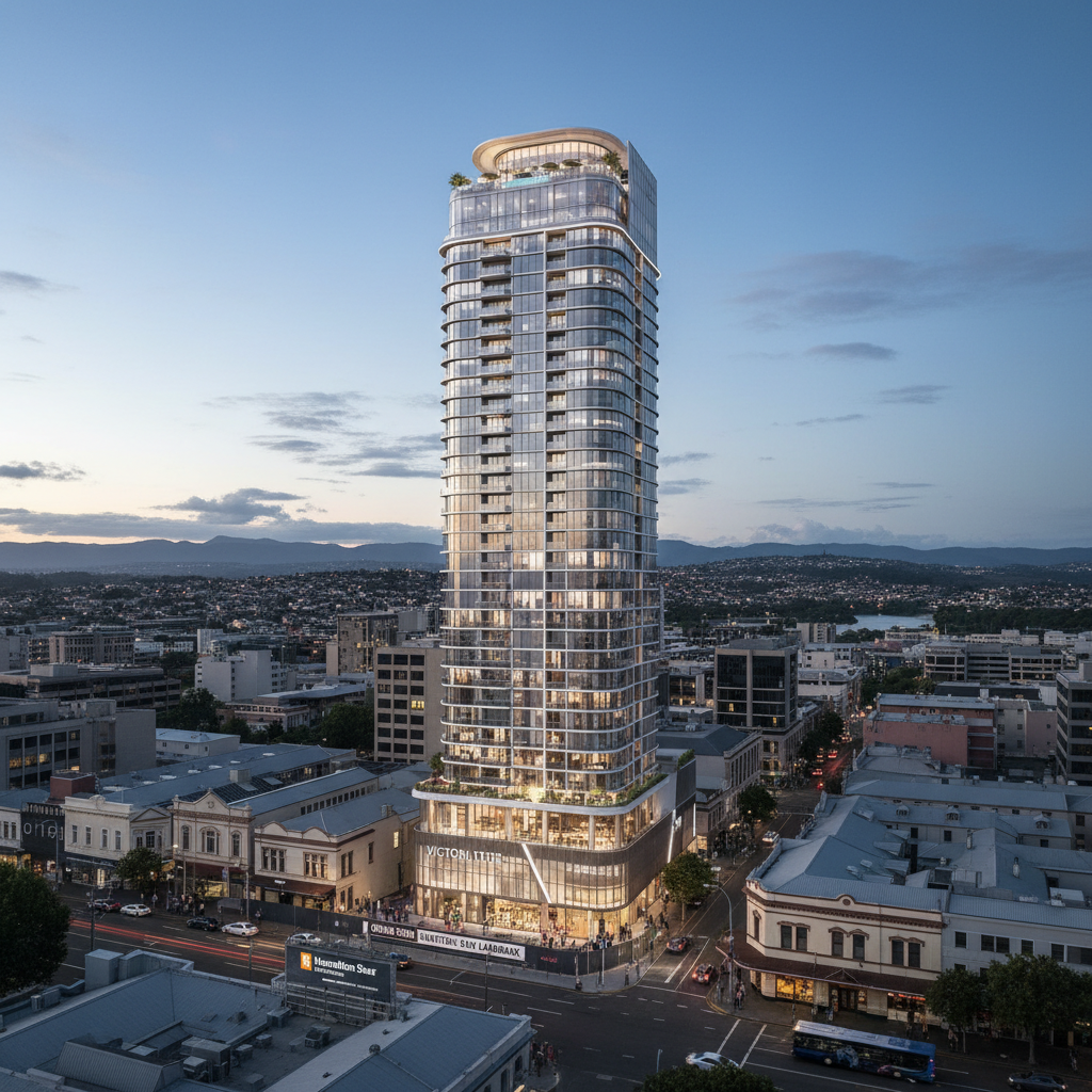 A 25-storey mixed-use high-rise tower with a hotel, apartments, and rooftop bar for Hamilton's skyline.