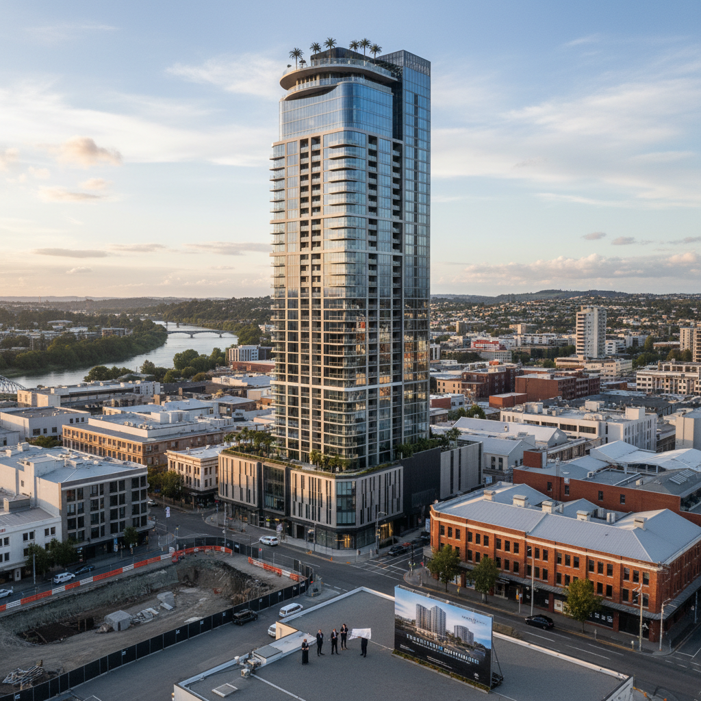 A 25-storey mixed-use high-rise tower featuring a hotel and apartments on Victoria Street in Hamilton.