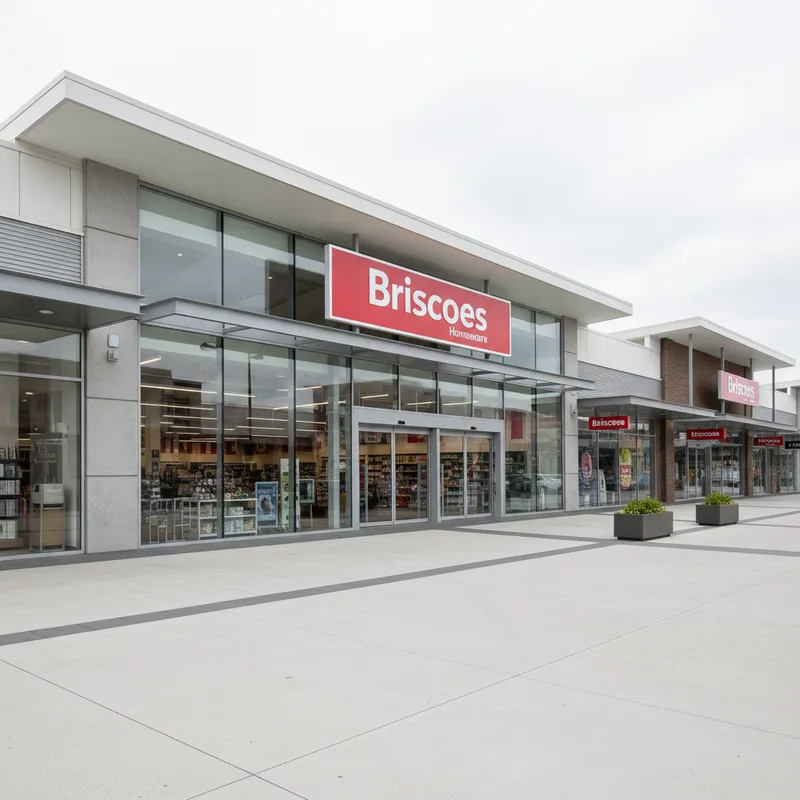 The storefront of the large Briscoes Homeware store at The Base shopping centre in Te Rapa, Hamilton, on a clear day.