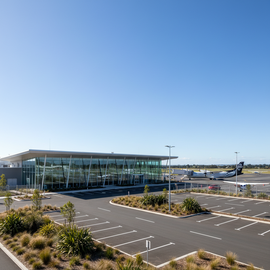 The modern, single-storey terminal building of Hamilton Airport in the Waikato region of New Zealand, viewed from the car park on a sunny day.