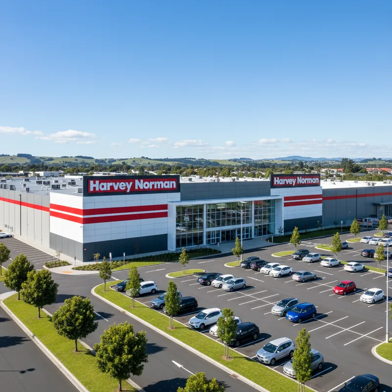 The spacious storefront of the Harvey Norman building in the Te Rapa retail area of Hamilton, showing the main entrance and signage.