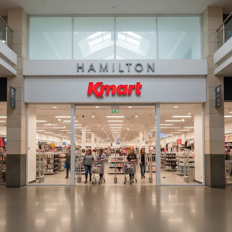 The brightly lit storefront of the Kmart department store in Hamilton Central Shopping Centre, with the iconic red logo and shoppers at the entrance.