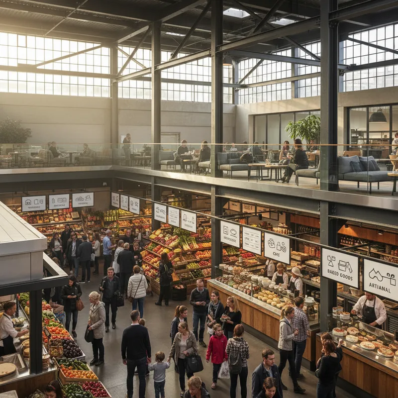 The bustling interior of the Made Hamilton market in Hamilton East, showing visitors exploring the various artisan food stalls and shops across its multiple levels.