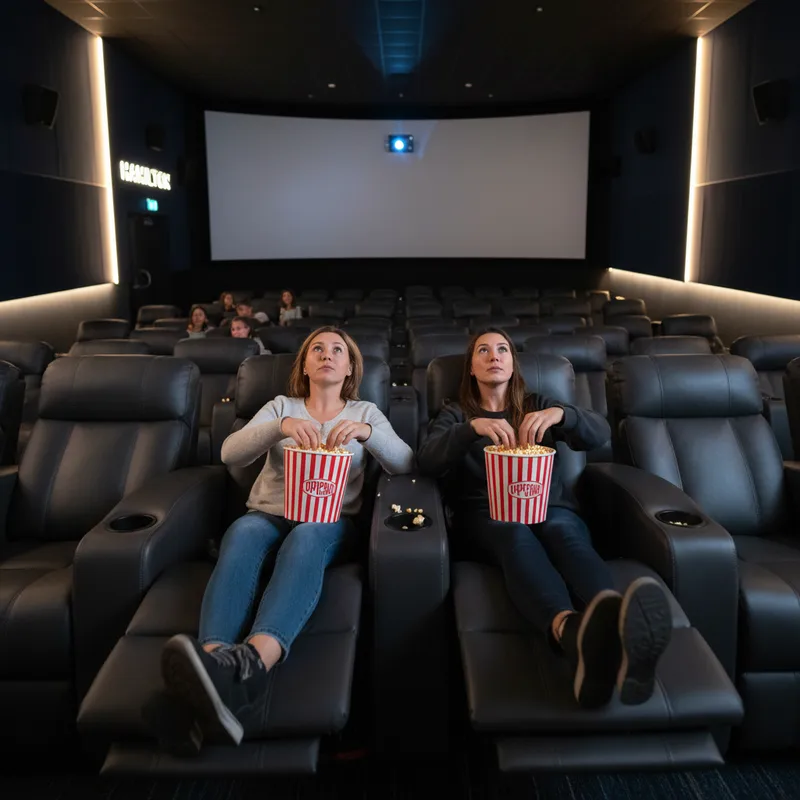 A couple relaxing in powered recliner seats while watching a movie at the modern Metro by HOYTS cinema in central Hamilton.
