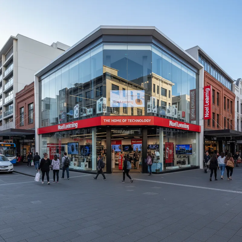 The exterior of the Noel Leeming electronics and appliance store located on the corner of Ward and Anglesea Street in Hamilton Central.