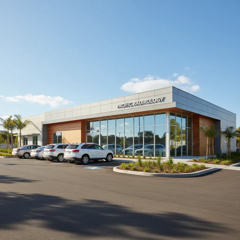 The modern exterior of a Pacific Radiology diagnostic imaging clinic in Hamilton, with clear signage and an accessible entrance for patients.
