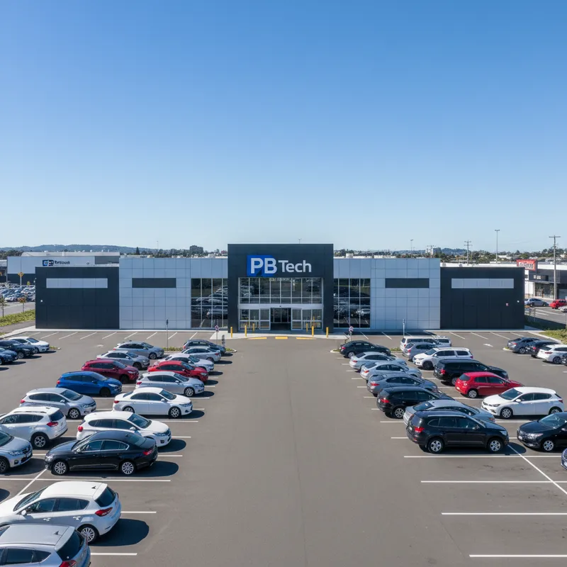 The storefront of the large PB Tech electronics store in Te Rapa, Hamilton, showing the main entrance and signage on a clear day.
